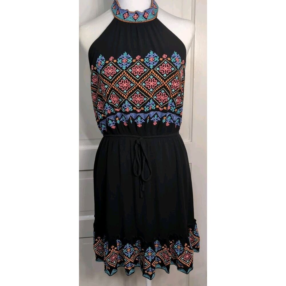 Savanna Jane Black Embroidered Halter Mini Dress Open Back Womens M Boho(1052)
